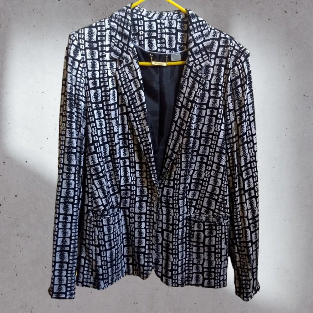 TanJay Vintage Black White Geometric Grid Print Blazer Jacket Size 12